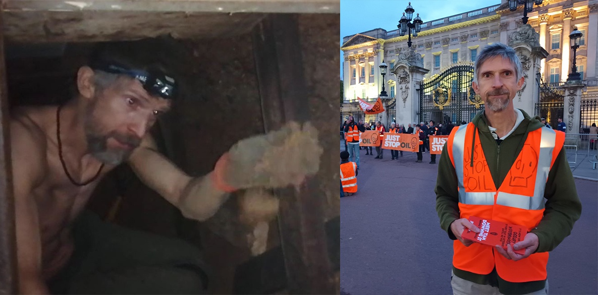 Climate activist Dr Larch Maxey, who's been arrested around 40 times for taking direct action for the climate, including (left) occupying an underground tunnel below Euston for a month in 2021